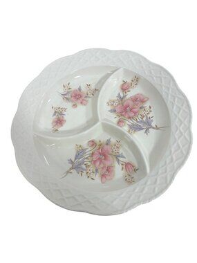 Kakuzyu Japanese Floral Sectional Serving Plate Round Scalloped Lattice Edge 13”